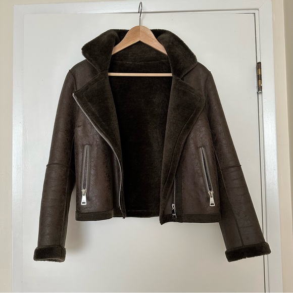 SOLD Shearling Brown/Green Leather Jacket - Picture 2 of 9